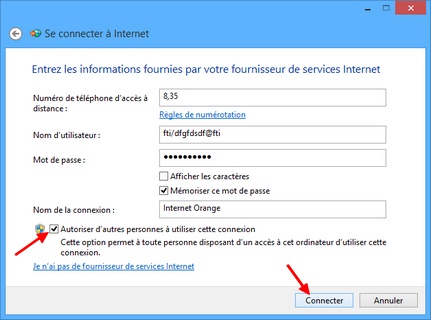 Saisie des informations de connexion pour la connexion  ADSL