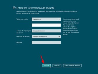 Installation de Windows 8 : Entrez les informations de sécurité