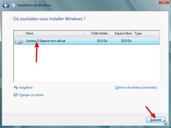 Choix du disque dur ou de la partition pour l'installation de Windows 8