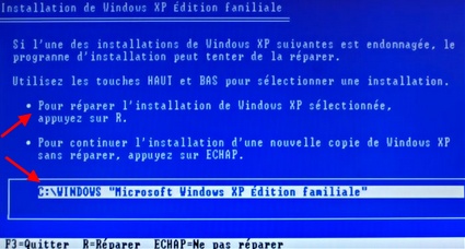 Choix de l'option de réparation de Windows XP