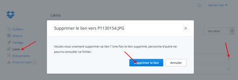 Suppression des liens de partage avec Dropbox