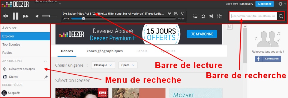 Panneau de contrôle de Deezer