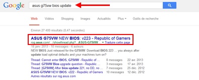 Recherche d'une nouvelle version du BIOS avec Google