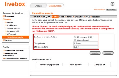 Réglage serveur DNS sur la livebox
