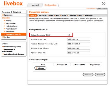 Réglage du DHCP sur la livebox