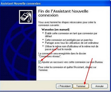 Fin de l'assistant Nouvelle connexion