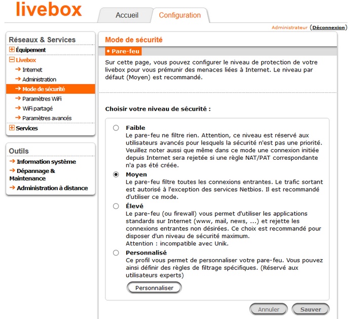 Le firewall permet d'utiliser les applications standards sur Internet et rejette les connexions entrantes non désirées...