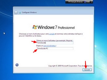 Installation de Windows 7 : Choix du nom d'utilisateur et du nom de l'ordinateur