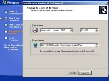 Réglage de la date et de l'heure de Windows XP