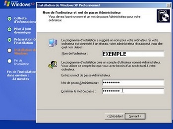 Nom de l'ordinateur et mot de passe Administrateur