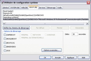 Onglet BOOT.INI de l'outil MSconfig de Windows XP