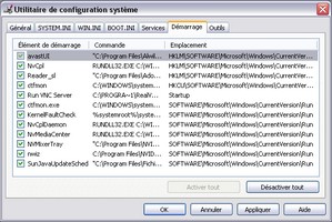 Onglet Démarrage de l'outil MSconfig de Windows XP