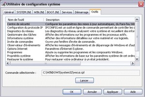 Onglet Outils de l'outil MSconfig de Windows XP