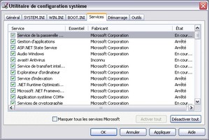 Onglet Services de l'outil MSconfig de Windows XP