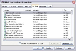 Onglet Services de l'outil MSconfig de Windows XP