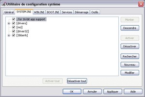 Onglet SYSTEM.INI de l'outil MSconfig de Windows XP