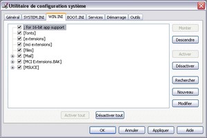 Onglet WIN.INI de l'outil MSconfig de Windows XP