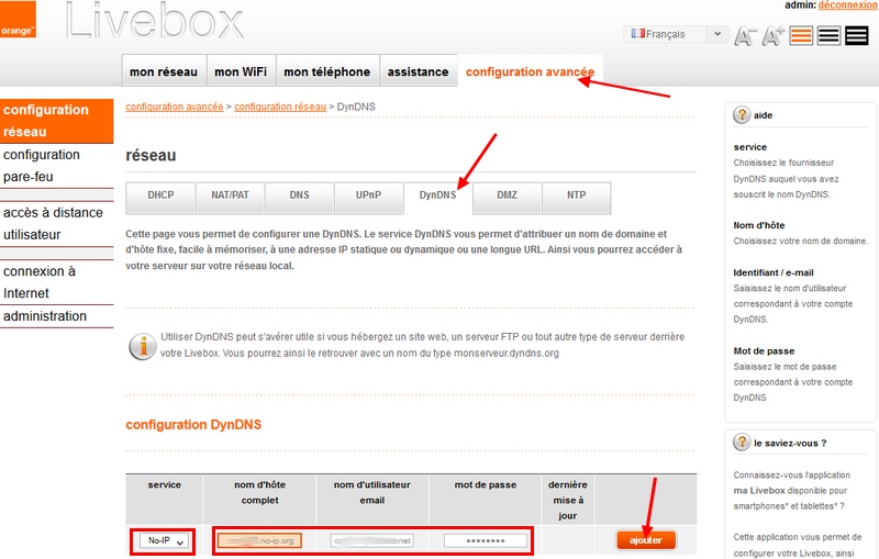 Réglage service de redirection No-IP sur une Livebox